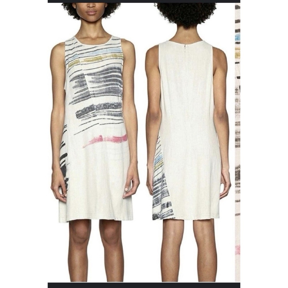 Desigual Womens Sleeveless Linen Tank Dress Sz 34/US 8 Beige Print Back Zip
